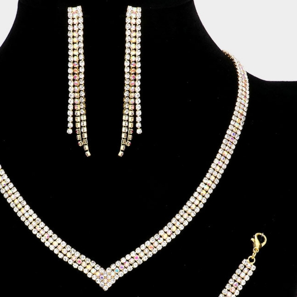 Gold 3 Piece Pave Crystal Necklace Jewelry Set Formal Fashion Statement Fancy - Picture 2 of 2